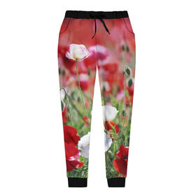 Женские брюки 3D с принтом Маки в Тюмени, полиэстер 100% | прямой крой, два кармана без застежек по бокам, с мягкой трикотажной резинкой на поясе и по низу штанин. В поясе для дополнительного комфорта — широкие завязки | field | flowers | meadow | poppies | red | white | белые | красные | луг | маки | поле | полевые | цветы