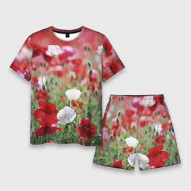 Мужской костюм с шортами 3D с принтом Маки в Тюмени,  |  | field | flowers | meadow | poppies | red | white | белые | красные | луг | маки | поле | полевые | цветы