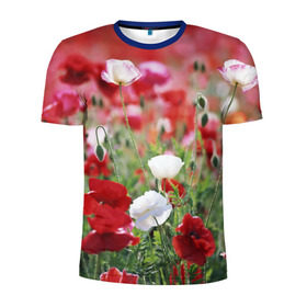 Мужская футболка 3D спортивная с принтом Маки в Тюмени, 100% полиэстер с улучшенными характеристиками | приталенный силуэт, круглая горловина, широкие плечи, сужается к линии бедра | field | flowers | meadow | poppies | red | white | белые | красные | луг | маки | поле | полевые | цветы