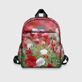 Детский рюкзак 3D с принтом Маки в Тюмени, 100% полиэстер | лямки с регулируемой длиной, сверху петелька, чтобы рюкзак можно было повесить на вешалку. Основное отделение закрывается на молнию, как и внешний карман. Внутри дополнительный карман. По бокам два дополнительных кармашка | Тематика изображения на принте: field | flowers | meadow | poppies | red | white | белые | красные | луг | маки | поле | полевые | цветы