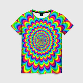 Женская футболка 3D с принтом Psychedelic в Тюмени, 100% полиэфир ( синтетическое хлопкоподобное полотно) | прямой крой, круглый вырез горловины, длина до линии бедер | круги | радужный | разоцветный | яркий