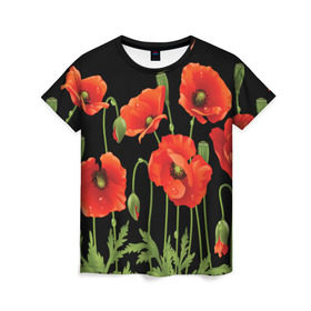 Женская футболка 3D с принтом Маки в Тюмени, 100% полиэфир ( синтетическое хлопкоподобное полотно) | прямой крой, круглый вырез горловины, длина до линии бедер | field | flowers | meadow | poppies | red | white | белые | красные | луг | маки | поле | полевые | цветы