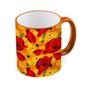 Кружка 3D с принтом Маки в Тюмени, керамика | ёмкость 330 мл | background | field | flowers | orange | poppies | red | yellow daisies | желтые ромашки | красные | маки | оранжевый | полевые | фон | цветы