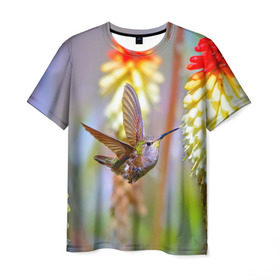 Мужская футболка 3D с принтом Колибри в Тюмени, 100% полиэфир | прямой крой, круглый вырез горловины, длина до линии бедер | Тематика изображения на принте: лепесток | новая | природа | птичка | цветок | яркая