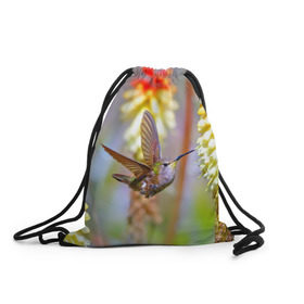 Рюкзак-мешок 3D с принтом Колибри в Тюмени, 100% полиэстер | плотность ткани — 200 г/м2, размер — 35 х 45 см; лямки — толстые шнурки, застежка на шнуровке, без карманов и подкладки | лепесток | новая | природа | птичка | цветок | яркая