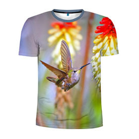 Мужская футболка 3D спортивная с принтом Колибри в Тюмени, 100% полиэстер с улучшенными характеристиками | приталенный силуэт, круглая горловина, широкие плечи, сужается к линии бедра | Тематика изображения на принте: лепесток | новая | природа | птичка | цветок | яркая