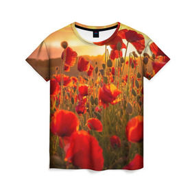 Женская футболка 3D с принтом Маки в Тюмени, 100% полиэфир ( синтетическое хлопкоподобное полотно) | прямой крой, круглый вырез горловины, длина до линии бедер | field | flowers | meadow | nature | poppies | red | sky | summer | sun | sunset | wild | закат | красные | лето | луг | маки | небо | поле | полевые | природа | солнце | цветы