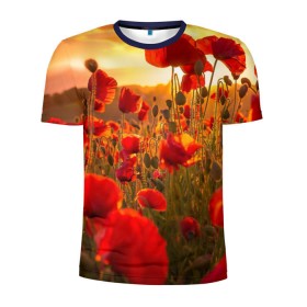 Мужская футболка 3D спортивная с принтом Маки в Тюмени, 100% полиэстер с улучшенными характеристиками | приталенный силуэт, круглая горловина, широкие плечи, сужается к линии бедра | field | flowers | meadow | nature | poppies | red | sky | summer | sun | sunset | wild | закат | красные | лето | луг | маки | небо | поле | полевые | природа | солнце | цветы