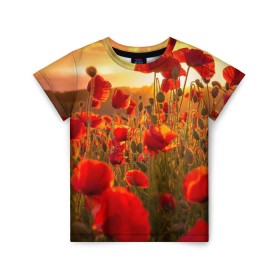 Детская футболка 3D с принтом Маки в Тюмени, 100% гипоаллергенный полиэфир | прямой крой, круглый вырез горловины, длина до линии бедер, чуть спущенное плечо, ткань немного тянется | field | flowers | meadow | nature | poppies | red | sky | summer | sun | sunset | wild | закат | красные | лето | луг | маки | небо | поле | полевые | природа | солнце | цветы