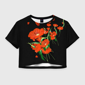 Женская футболка 3D укороченная с принтом Маки в Тюмени, 100% полиэстер | круглая горловина, длина футболки до линии талии, рукава с отворотами | background | black | flowers | flying | petals | poppies | red | wild | wind | ветер | красные | лепестки | летят | маки | полевые | фон | цветы | черный