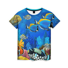 Женская футболка 3D с принтом Экзотические рыбки в Тюмени, 100% полиэфир ( синтетическое хлопкоподобное полотно) | прямой крой, круглый вырез горловины, длина до линии бедер | животые | красочные | морские | рыбки | цветные | экзотические