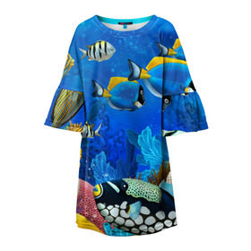 Детское платье 3D с принтом Экзотические рыбки в Тюмени, 100% полиэстер | прямой силуэт, чуть расширенный к низу. Круглая горловина, на рукавах — воланы | животые | красочные | морские | рыбки | цветные | экзотические