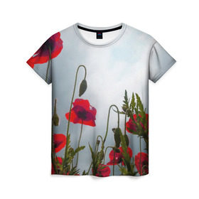 Женская футболка 3D с принтом Маки 4 в Тюмени, 100% полиэфир ( синтетическое хлопкоподобное полотно) | прямой крой, круглый вырез горловины, длина до линии бедер | цветы
