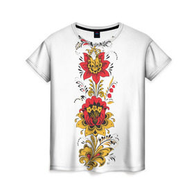 Женская футболка 3D с принтом Хохлома 2 в Тюмени, 100% полиэфир ( синтетическое хлопкоподобное полотно) | прямой крой, круглый вырез горловины, длина до линии бедер | ветки | лента | лист | народное | россия | русское | узор