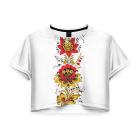 Женская футболка 3D укороченная с принтом Хохлома 2 в Тюмени, 100% полиэстер | круглая горловина, длина футболки до линии талии, рукава с отворотами | ветки | лента | лист | народное | россия | русское | узор