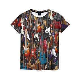 Женская футболка 3D с принтом Электрогитары в Тюмени, 100% полиэфир ( синтетическое хлопкоподобное полотно) | прямой крой, круглый вырез горловины, длина до линии бедер | fender | ibanez | ltd | stratocaster | гитара | инструмент | музыка | рок