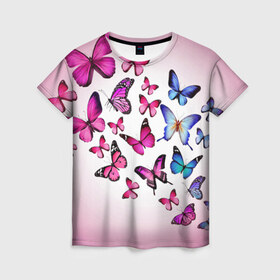 Женская футболка 3D с принтом Butterflies в Тюмени, 100% полиэфир ( синтетическое хлопкоподобное полотно) | прямой крой, круглый вырез горловины, длина до линии бедер | 