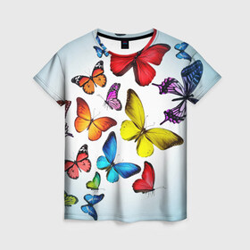 Женская футболка 3D с принтом Butterflies в Тюмени, 100% полиэфир ( синтетическое хлопкоподобное полотно) | прямой крой, круглый вырез горловины, длина до линии бедер | бабочки | белый | картинка | лето | природа | рисунок | розовый | цвета