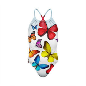 Детский купальник 3D с принтом Butterflies в Тюмени, Полиэстер 85%, Спандекс 15% | Слитный крой, подклад по переду изделия, узкие бретели | Тематика изображения на принте: бабочки | белый | картинка | лето | природа | рисунок | розовый | цвета