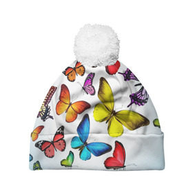Шапка 3D c помпоном с принтом Butterflies в Тюмени, 100% полиэстер | универсальный размер, печать по всей поверхности изделия | бабочки | белый | картинка | лето | природа | рисунок | розовый | цвета