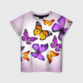 Детская футболка 3D с принтом Butterflies в Тюмени, 100% гипоаллергенный полиэфир | прямой крой, круглый вырез горловины, длина до линии бедер, чуть спущенное плечо, ткань немного тянется | Тематика изображения на принте: бабочки | белый | картинка | лето | природа | рисунок | розовый | цвета