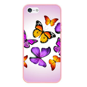 Чехол для iPhone 5/5S матовый с принтом Butterflies в Тюмени, Силикон | Область печати: задняя сторона чехла, без боковых панелей | бабочки | белый | картинка | лето | природа | рисунок | розовый | цвета
