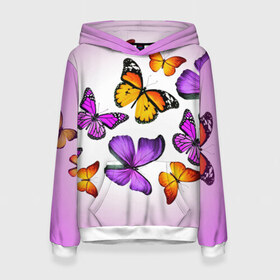 Женская толстовка 3D с принтом Butterflies в Тюмени, 100% полиэстер  | двухслойный капюшон со шнурком для регулировки, мягкие манжеты на рукавах и по низу толстовки, спереди карман-кенгуру с мягким внутренним слоем. | бабочки | белый | картинка | лето | природа | рисунок | розовый | цвета