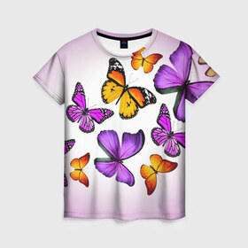 Женская футболка 3D с принтом Butterflies в Тюмени, 100% полиэфир ( синтетическое хлопкоподобное полотно) | прямой крой, круглый вырез горловины, длина до линии бедер | бабочки | белый | картинка | лето | природа | рисунок | розовый | цвета