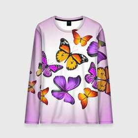 Мужской лонгслив 3D с принтом Butterflies в Тюмени, 100% полиэстер | длинные рукава, круглый вырез горловины, полуприлегающий силуэт | бабочки | белый | картинка | лето | природа | рисунок | розовый | цвета