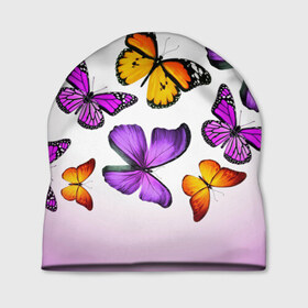 Шапка 3D с принтом Butterflies в Тюмени, 100% полиэстер | универсальный размер, печать по всей поверхности изделия | бабочки | белый | картинка | лето | природа | рисунок | розовый | цвета