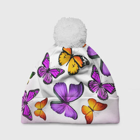 Шапка 3D c помпоном с принтом Butterflies в Тюмени, 100% полиэстер | универсальный размер, печать по всей поверхности изделия | бабочки | белый | картинка | лето | природа | рисунок | розовый | цвета