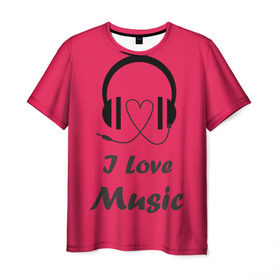 Мужская футболка 3D с принтом Я люблю музыку в Тюмени, 100% полиэфир | прямой крой, круглый вырез горловины, длина до линии бедер | i love music | наушники | розовый | сердце