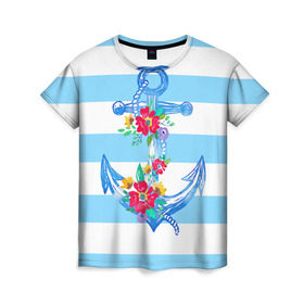 Женская футболка 3D с принтом Якорь в Тюмени, 100% полиэфир ( синтетическое хлопкоподобное полотно) | прямой крой, круглый вырез горловины, длина до линии бедер | белый | верёвка | вода | корабль | красный | море | песок | пляж | синий | цвет | цветы | якорь