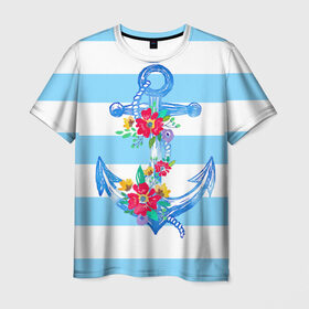 Мужская футболка 3D с принтом Якорь в Тюмени, 100% полиэфир | прямой крой, круглый вырез горловины, длина до линии бедер | Тематика изображения на принте: белый | верёвка | вода | корабль | красный | море | песок | пляж | синий | цвет | цветы | якорь
