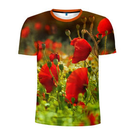 Мужская футболка 3D спортивная с принтом Маки в Тюмени, 100% полиэстер с улучшенными характеристиками | приталенный силуэт, круглая горловина, широкие плечи, сужается к линии бедра | Тематика изображения на принте: field | flowers | meadow | nature | poppies | poppy | red | summer | wild | красные | лето | луг | мак | маки | поле | полевые | природа | цветы