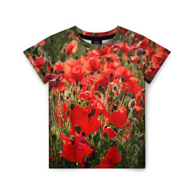 Детская футболка 3D с принтом Маки в Тюмени, 100% гипоаллергенный полиэфир | прямой крой, круглый вырез горловины, длина до линии бедер, чуть спущенное плечо, ткань немного тянется | Тематика изображения на принте: field | flowers | meadow | nature | poppies | poppy | red | summer | wild | красные | лето | луг | мак | маки | поле | полевые | природа | цветы