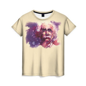 Женская футболка 3D с принтом Альберт Эйнштейн (Art) в Тюмени, 100% полиэфир ( синтетическое хлопкоподобное полотно) | прямой крой, круглый вырез горловины, длина до линии бедер | акварель | живопись | прикол | студент | эйнштейн