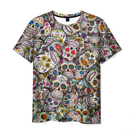 Мужская футболка 3D с принтом Мексиканские черепа в Тюмени, 100% полиэфир | прямой крой, круглый вырез горловины, длина до линии бедер | calavera | sugar skull | день мертвых | мексика | традиция | узоры | цветы