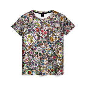 Женская футболка 3D с принтом Мексиканские черепа в Тюмени, 100% полиэфир ( синтетическое хлопкоподобное полотно) | прямой крой, круглый вырез горловины, длина до линии бедер | calavera | sugar skull | день мертвых | мексика | традиция | узоры | цветы