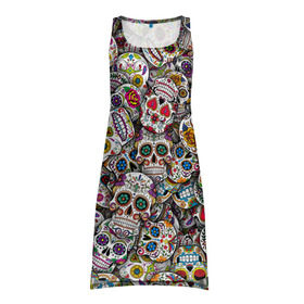 Платье-майка 3D с принтом Мексиканские черепа в Тюмени, 100% полиэстер | полуприлегающий силуэт, широкие бретели, круглый вырез горловины, удлиненный подол сзади. | calavera | sugar skull | день мертвых | мексика | традиция | узоры | цветы