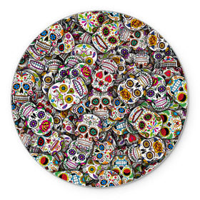 Коврик круглый с принтом Мексиканские черепа в Тюмени, резина и полиэстер | круглая форма, изображение наносится на всю лицевую часть | calavera | sugar skull | день мертвых | мексика | традиция | узоры | цветы