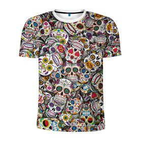 Мужская футболка 3D спортивная с принтом Мексиканские черепа в Тюмени, 100% полиэстер с улучшенными характеристиками | приталенный силуэт, круглая горловина, широкие плечи, сужается к линии бедра | calavera | sugar skull | день мертвых | мексика | традиция | узоры | цветы