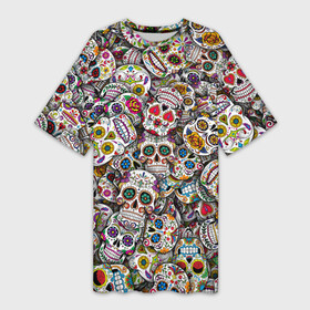 Платье-футболка 3D с принтом Мексиканские черепа в Тюмени,  |  | calavera | sugar skull | день мертвых | мексика | традиция | узоры | цветы