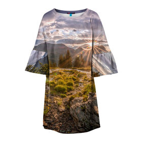 Детское платье 3D с принтом Восход в Тюмени, 100% полиэстер | прямой силуэт, чуть расширенный к низу. Круглая горловина, на рукавах — воланы | горы | лес | небо | пейзаж | природа | солнце
