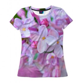 Женская футболка 3D с принтом Сирень в Тюмени, 100% полиэфир ( синтетическое хлопкоподобное полотно) | прямой крой, круглый вырез горловины, длина до линии бедер | Тематика изображения на принте: лепестки | прикольные картинки | цветочки | цветы