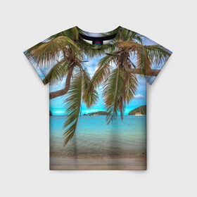 Детская футболка 3D с принтом Пальма в Тюмени, 100% гипоаллергенный полиэфир | прямой крой, круглый вырез горловины, длина до линии бедер, чуть спущенное плечо, ткань немного тянется | Тематика изображения на принте: море | отдых | отпуск | пальмы | пляж | солнце | туризм