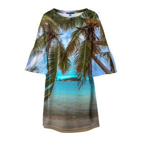 Детское платье 3D с принтом Пальма в Тюмени, 100% полиэстер | прямой силуэт, чуть расширенный к низу. Круглая горловина, на рукавах — воланы | Тематика изображения на принте: море | отдых | отпуск | пальмы | пляж | солнце | туризм