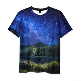 Мужская футболка 3D с принтом Ночная природа в Тюмени, 100% полиэфир | прямой крой, круглый вырез горловины, длина до линии бедер | Тематика изображения на принте: горы | звезды | небо | озеро | природа