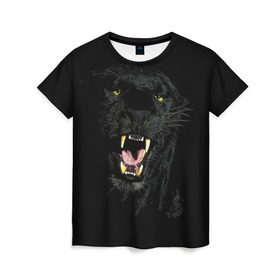 Женская футболка 3D с принтом Чёрная пантера в Тюмени, 100% полиэфир ( синтетическое хлопкоподобное полотно) | прямой крой, круглый вырез горловины, длина до линии бедер | Тематика изображения на принте: кошка | оскал | пантера | прикольные картинки