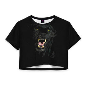 Женская футболка 3D укороченная с принтом Чёрная пантера в Тюмени, 100% полиэстер | круглая горловина, длина футболки до линии талии, рукава с отворотами | кошка | оскал | пантера | прикольные картинки